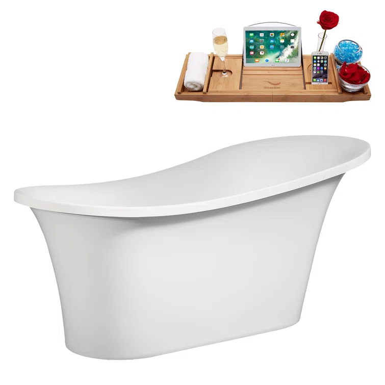 60" Streamline Soaking Freestanding Tub and Tray With Internal Drain