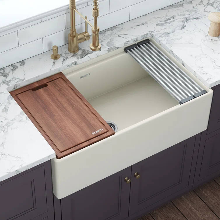 Ruvati 33 inch Fireclay Workstation Farmhouse Kitchen Sink Apron Front Single Bowl