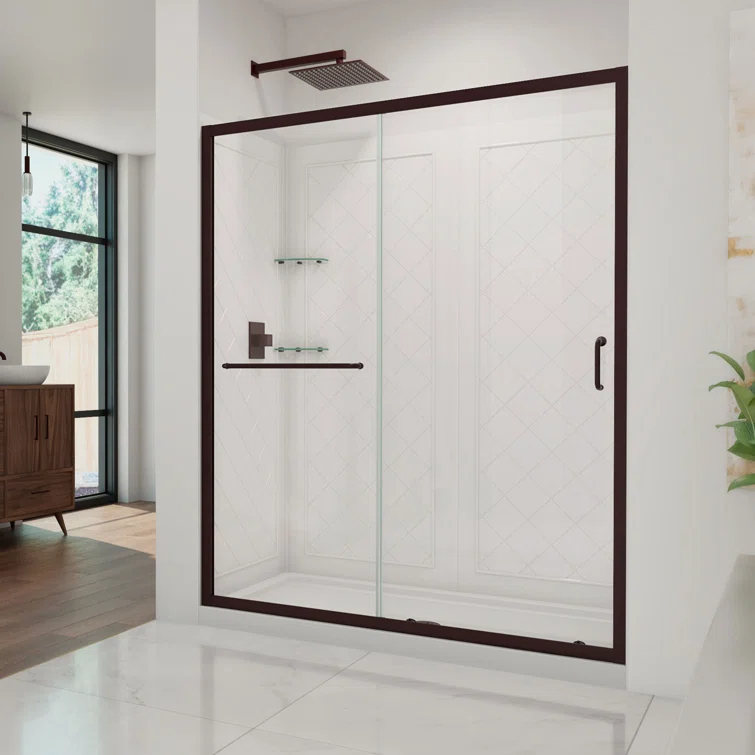Infinity-Z 60" W x 30" D x 76.75" H Semi-Frameless Rectangle Shower Enclosure with Towel Bar and Base Included