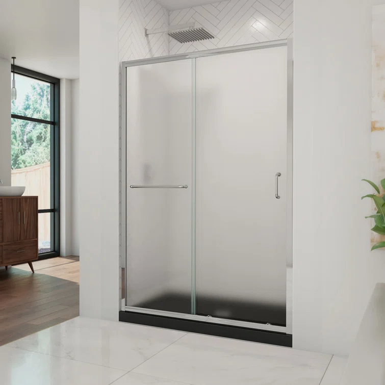 Infinity-Z 48" W x 74.75" H Semi-frameless Rectangle Sliding Shower Kit with Towel Bar and Base Included