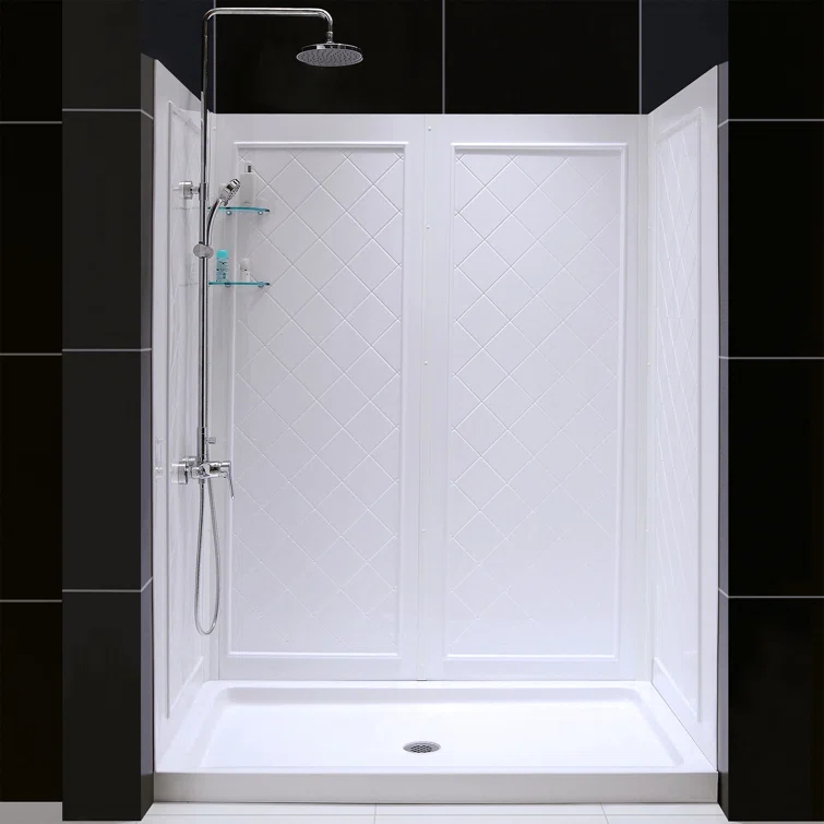 Qwall 32" D x 60" W x 76 3/4" H Left Drain Acrylic Shower Base and Wall Kit in White