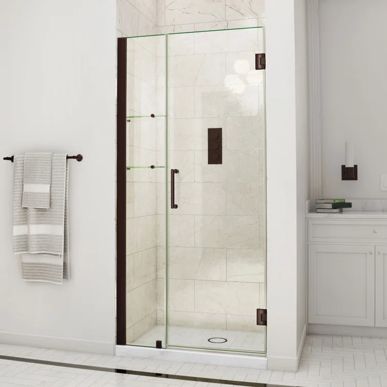 Unidoor Frameless Hinged Shower Door with Glass Shelves