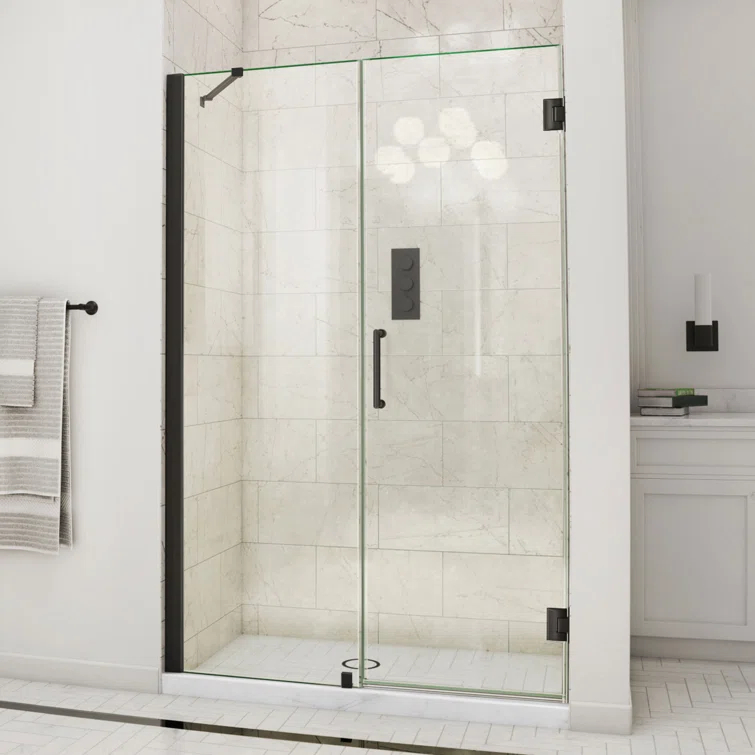 Unidoor 57" W x 72" H Hinged Frameless Shower Door and Fixed Panel with ClearMax Glass Treatment