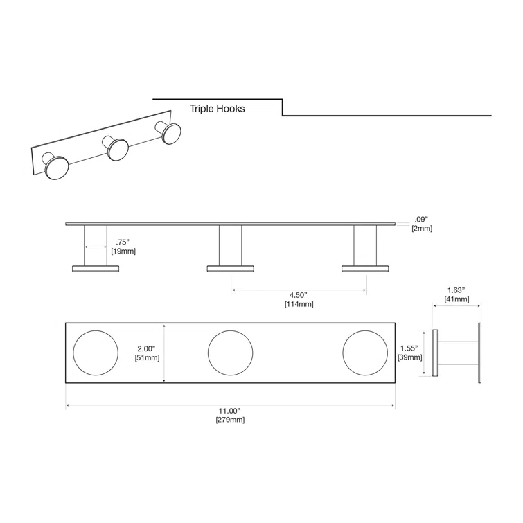 Glam Wall Mount Hook Rack for Bathroom, Kitchen, Bedroom | Towel, Robe, Coat, Hat Rack with 3 Hooks