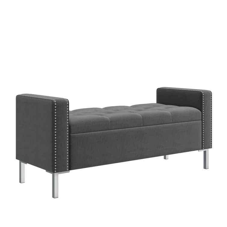 Square Arm Tufted Top Storage Ottoman with Pewter Nailhead Trim in Plush Velvet