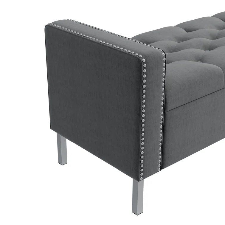 Square Arm Tufted Top Storage Ottoman with Pewter Nailhead Trim in Plush Velvet