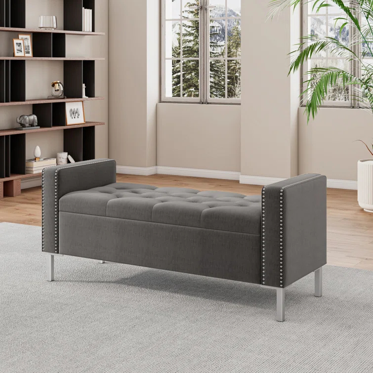 Square Arm Tufted Top Storage Ottoman with Pewter Nailhead Trim in Plush Velvet