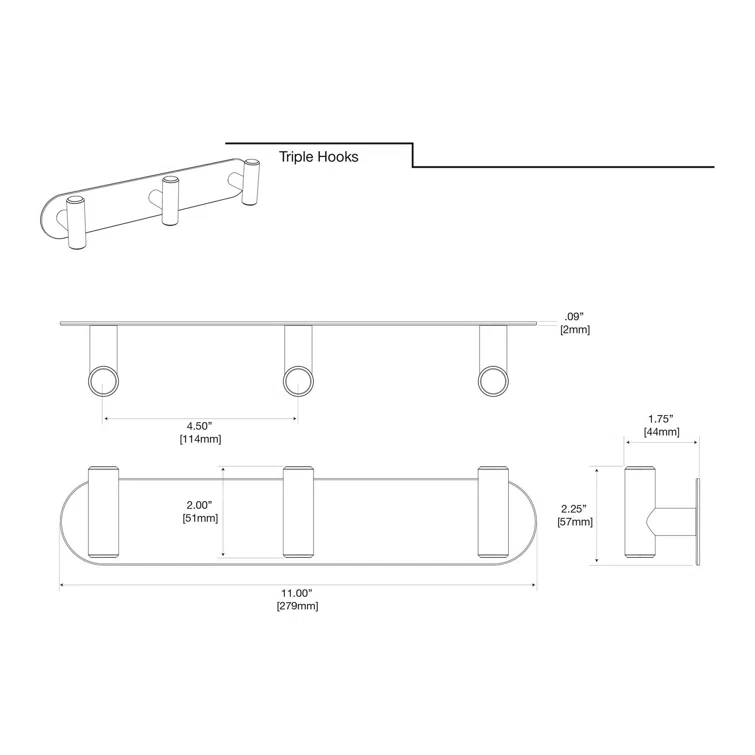 Latitude II Wall Mounted Towel and Robe Hook Rack with 3 Hooks