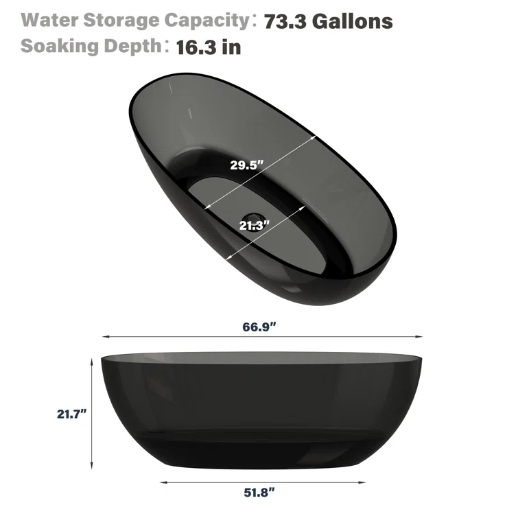 67'' x 30'' Runway Semi Transparent Resin Freestanding Soaking Bathtub