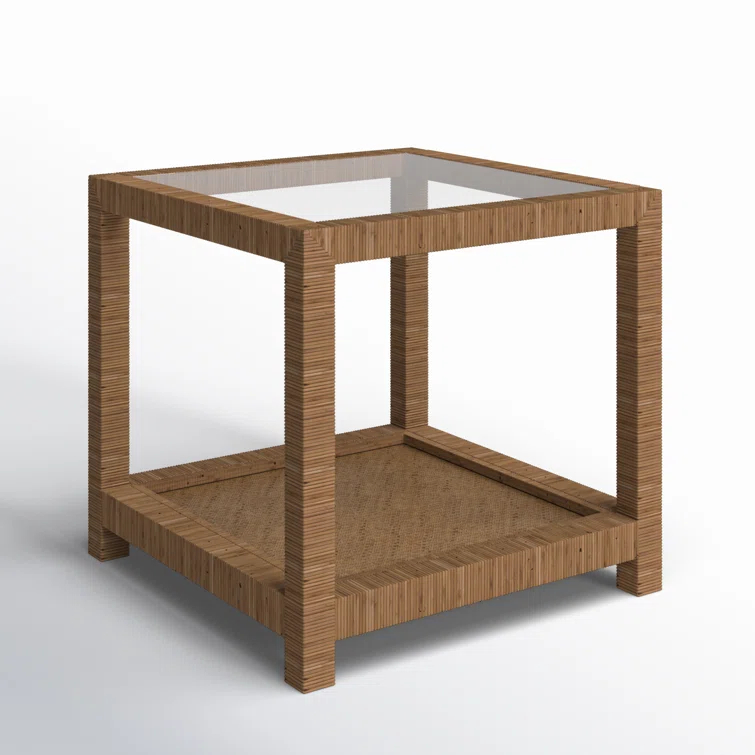 Coastal Charm 26" Brown Rattan and Glass Square End Table