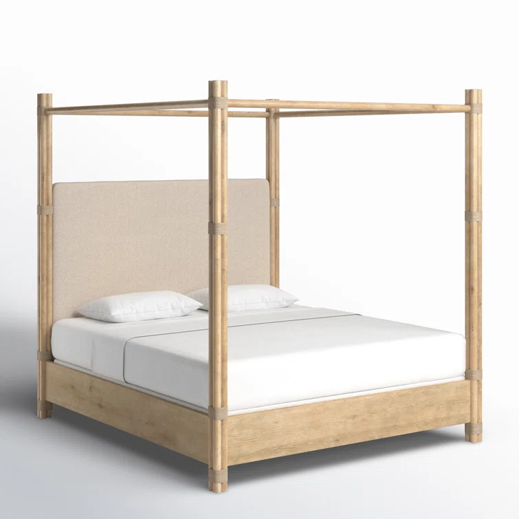 Beige Upholstered California King Canopy Bed with Wood Frame