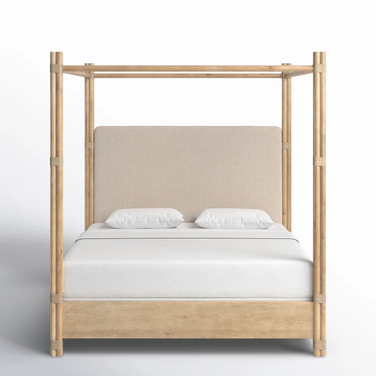 Beige Upholstered California King Canopy Bed with Wood Frame