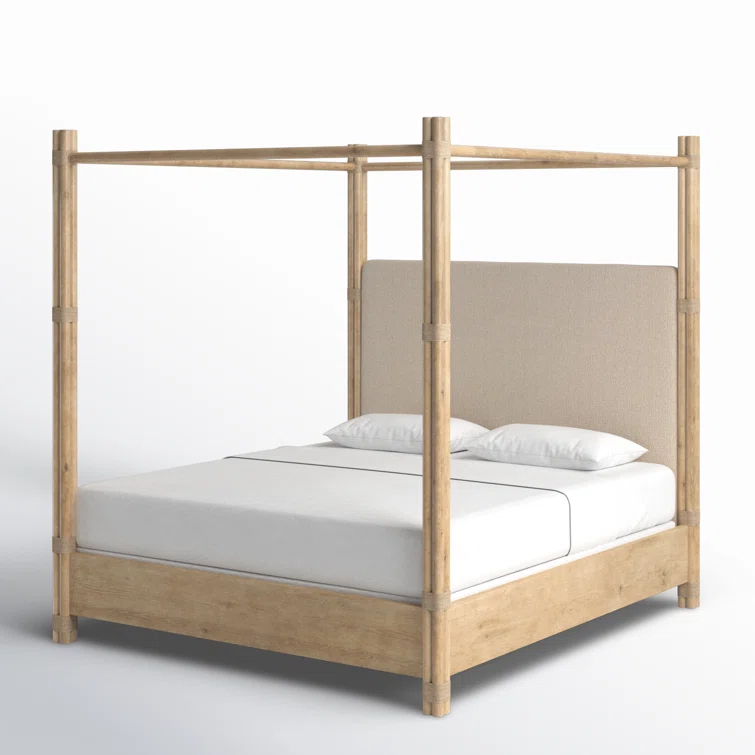 Beige Upholstered California King Canopy Bed with Wood Frame