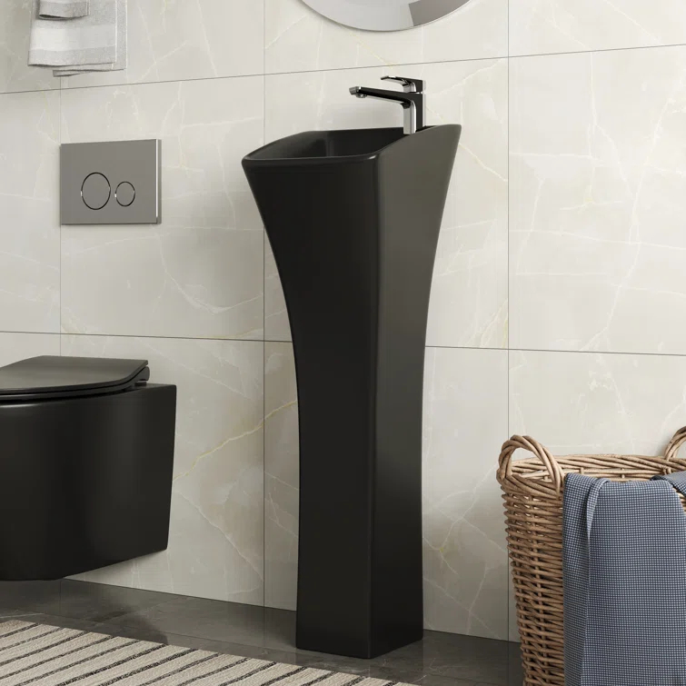 Deervalley Small Pedestal Bathroom Sink 11"L X 13"W X 35"H Ceramic One Piece Bath Sink With Overflow