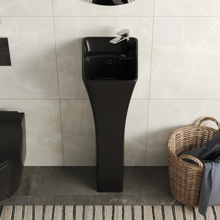 Deervalley Small Pedestal Bathroom Sink 11"L X 13"W X 35"H Ceramic One Piece Bath Sink With Overflow