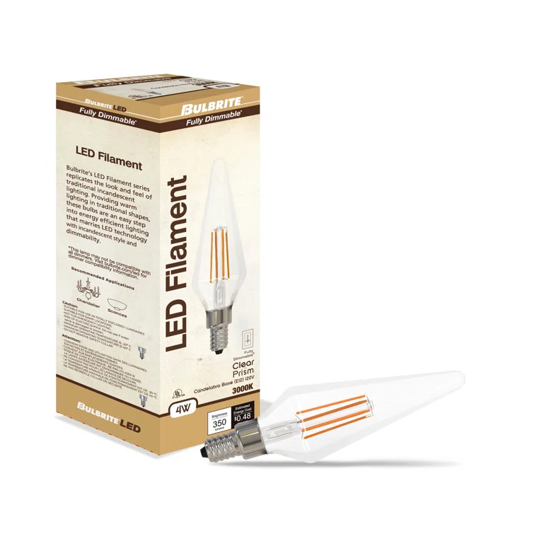 LED Filament Pack of (4) 4.5 Watt Dimmable T6SL Light Bulbs with Candelabra (E12) Base