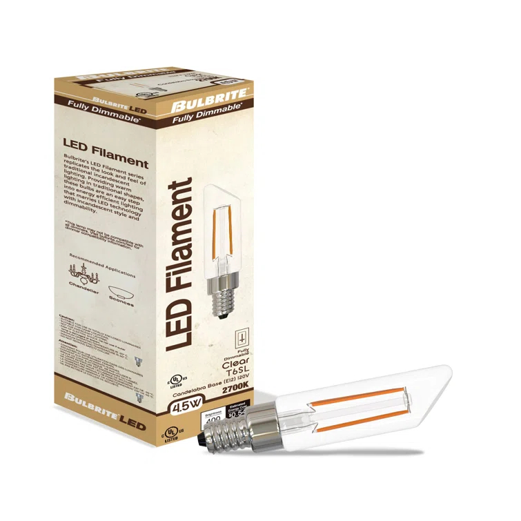 LED Filament Pack of (4) 4.5 Watt Dimmable T6SL Light Bulbs with Candelabra (E12) Base