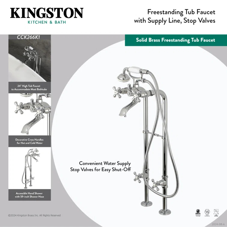 Kingston Brass Kingston Three-Handle 2-Hole Freestanding Tub Faucet with Supply Line and Stop Valve