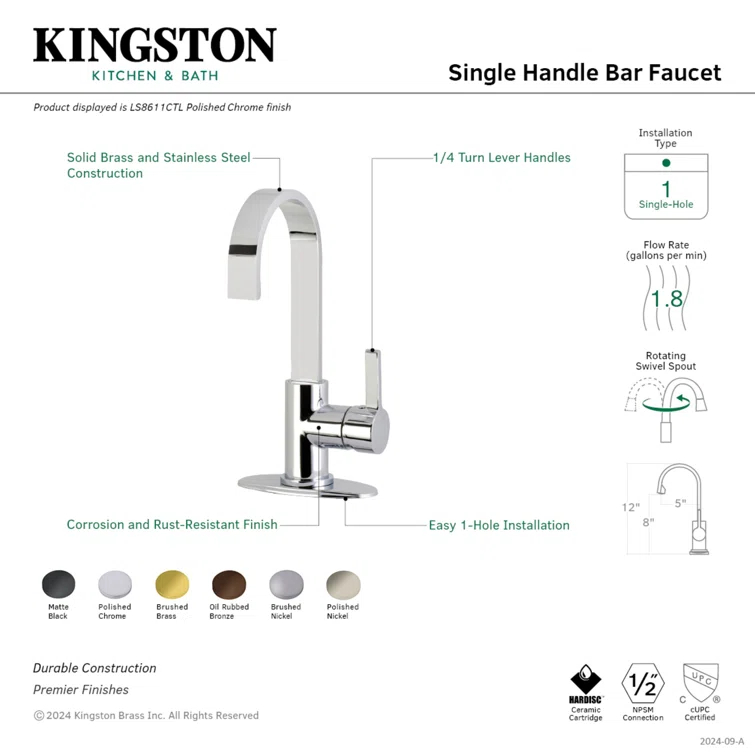 Kingston Brass Continental Single-Handle 1-Hole Deck Mount Bar Faucet