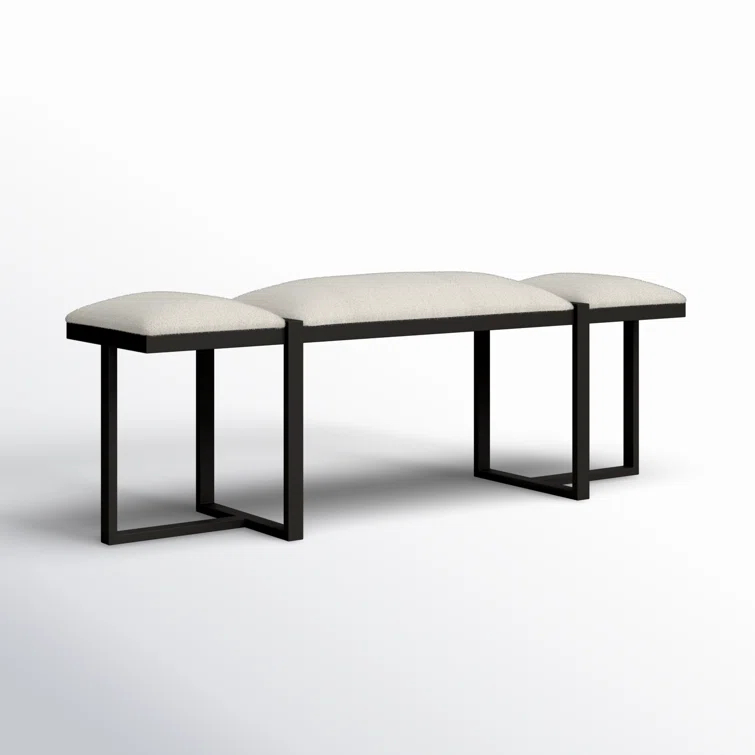White Upholstered Bench with Black Iron Frame