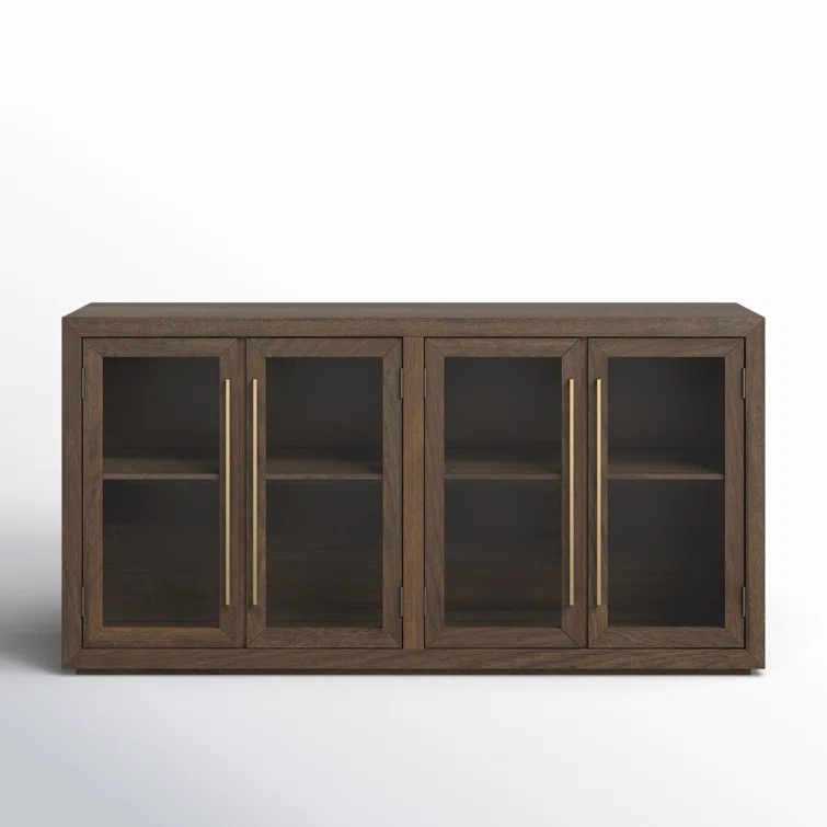 72'' Brown Oak Transitional Sideboard with Glass Doors
