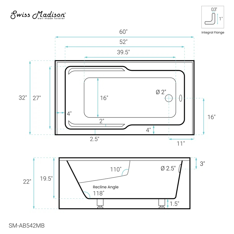 Voltaire 60" x 32" Alcove Bathtub with Apron