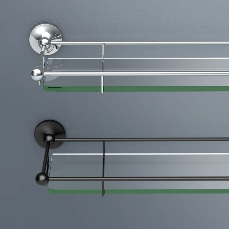 Glass Taborets Wall Mount Tempered 20"L Glass Shelf | Floating Bathroom Glass Shelf With Solid Brass Rail