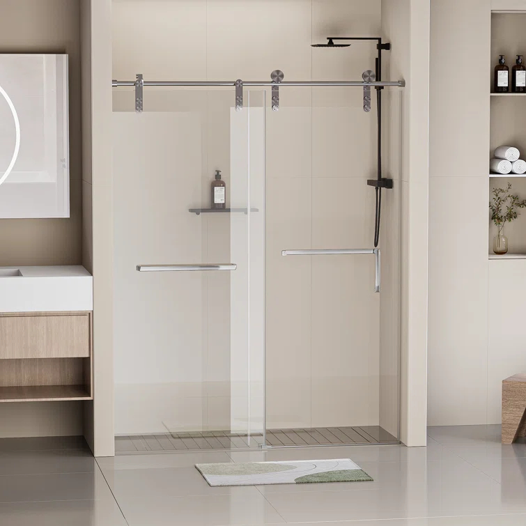 Frameless Single Sliding Shower Door, 5/16" (8Mm) Clear Tempered Glass With Explosion-Proof Film, Brushed Nickel Finish, Stainless Steel Hardware