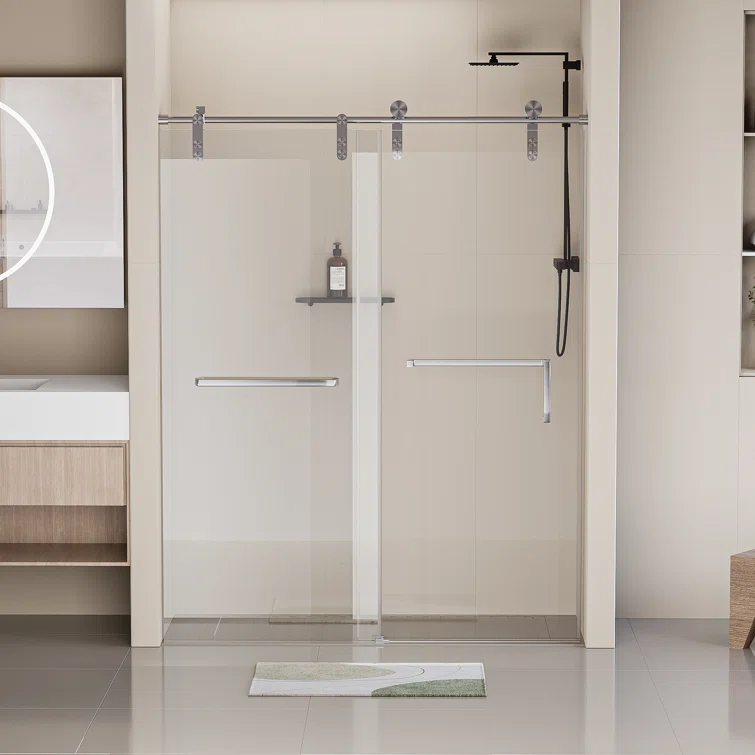 Frameless Single Sliding Shower Door, 5/16" (8Mm) Clear Tempered Glass With Explosion-Proof Film, Brushed Nickel Finish, Stainless Steel Hardware