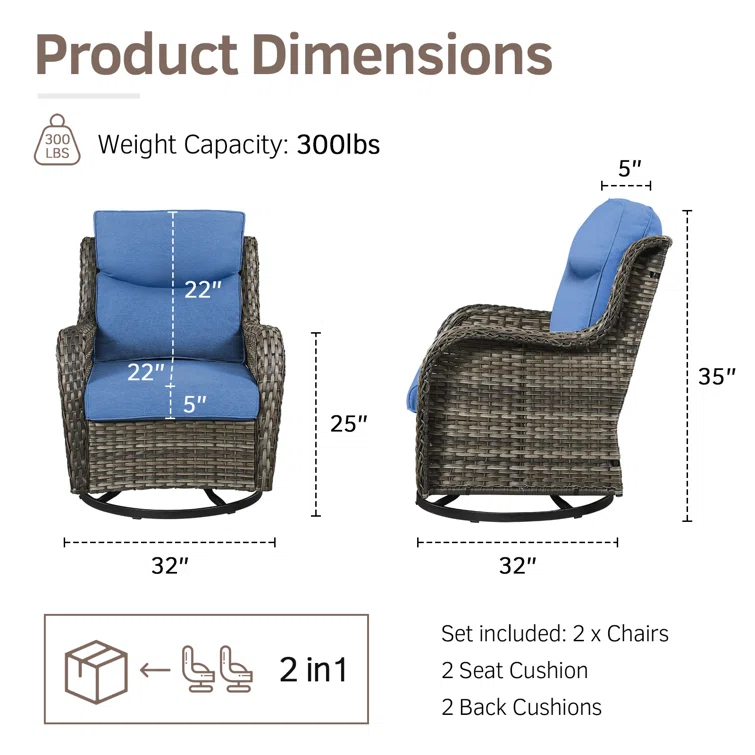 Simle 2 - Person Outdoor Seating Group PE Wicker Swivel Glider Chair With Cushions And Side Table