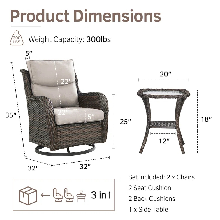 Simle 2 - Person Outdoor Seating Group PE Wicker Swivel Glider Chair With Cushions And Side Table