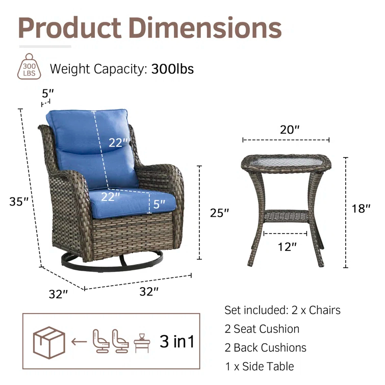 Simle 2 - Person Outdoor Seating Group PE Wicker Swivel Glider Chair With Cushions And Side Table