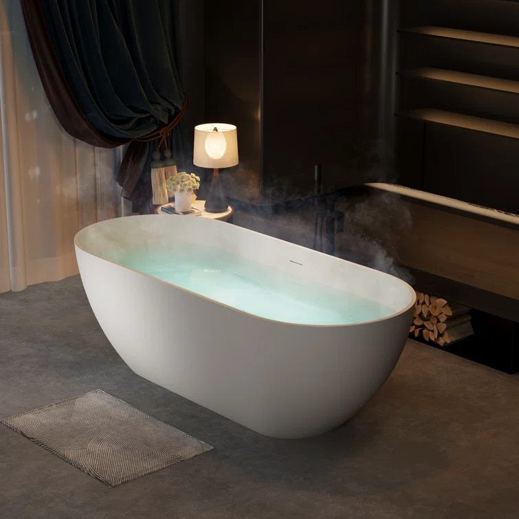 59" x 30" Freestanding Soaking Solid Surface Bathtub Stone Resin Bath Tub with Overflow and Pop-up Drain for Contemporary Bathroom, Glossy/Matte White