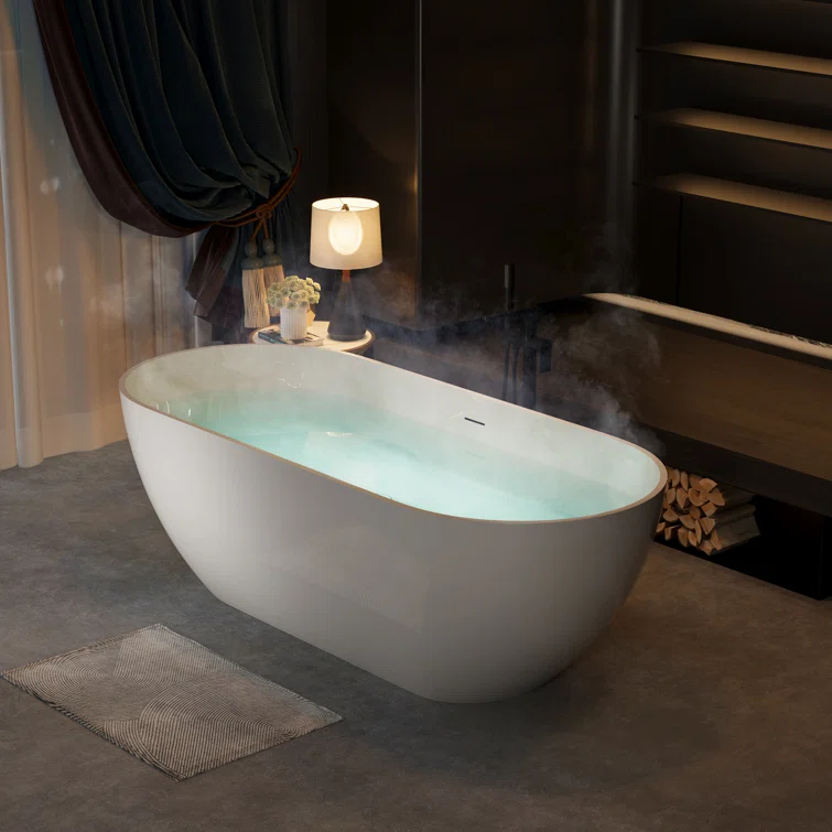 59" x 30" Freestanding Soaking Solid Surface Bathtub Stone Resin Bath Tub with Overflow and Pop-up Drain for Contemporary Bathroom, Glossy/Matte White