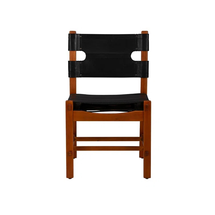Black Leather Upholstered Side Chair with Mahogany Wood Frame