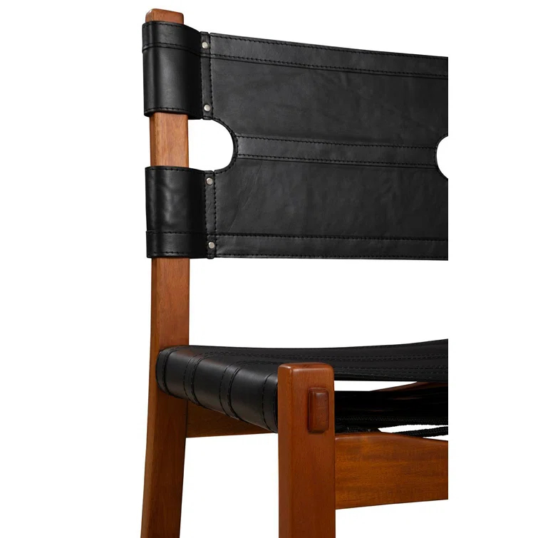 Black Leather Upholstered Side Chair with Mahogany Wood Frame