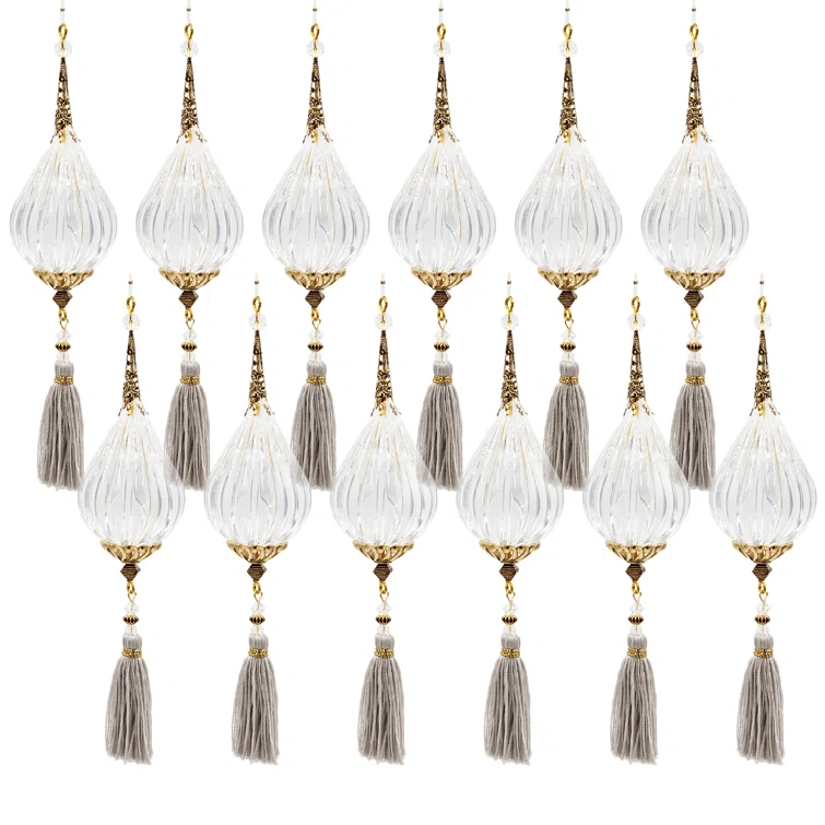 Long Acrylic Drop With Polyester Tassel Hanging Ornament Set of 12 8.7" Clear/Silver (Set of 12)