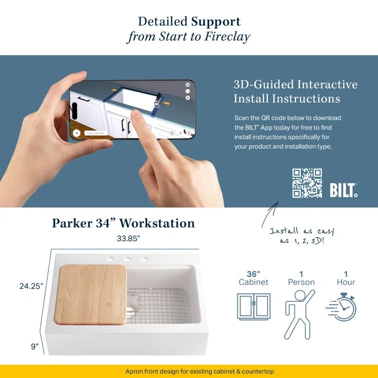 Parker Fireclay 34" Single Bowl Quick-Fit Farmhouse Workstation Kitchen Sink with Pfirst Faucet Kit