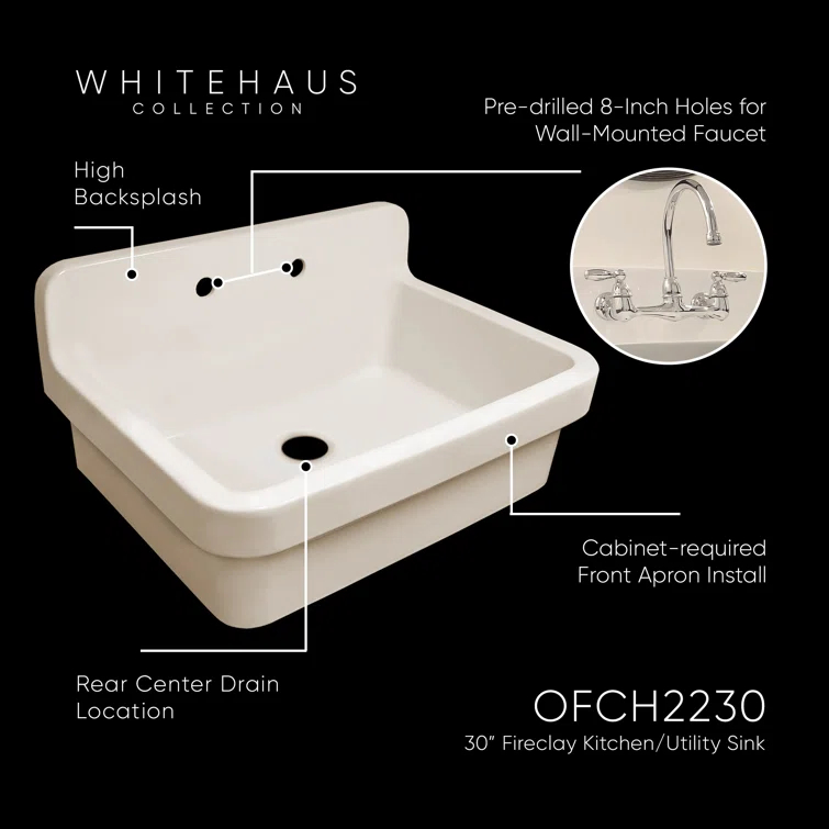 Whitehaus Old Fashioned Country Fireclay Utility Sink with High Backsplash