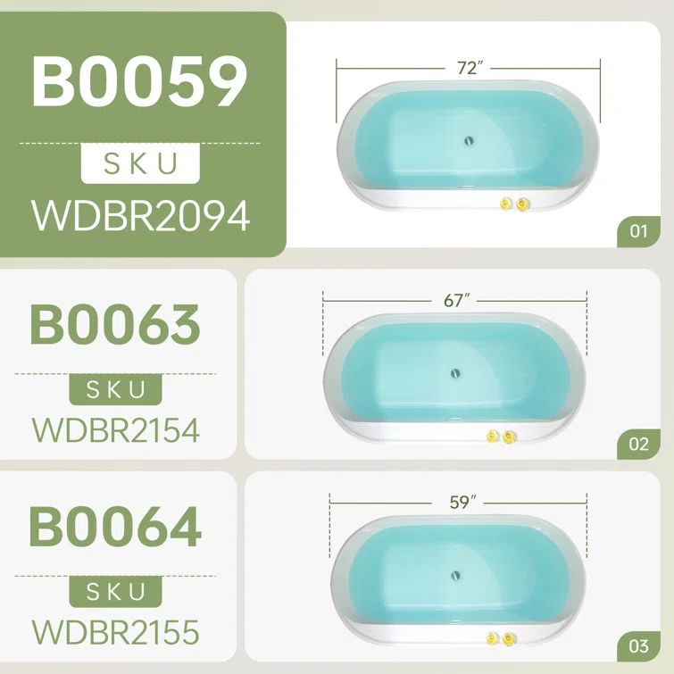 72'' x 35.375'' Freestanding Acrylic Double Ended Bathtub with Wide Rim