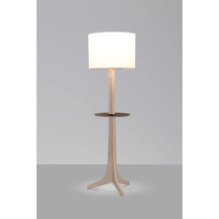 White Linen Tripod Floor Lamp with Oak Shelf