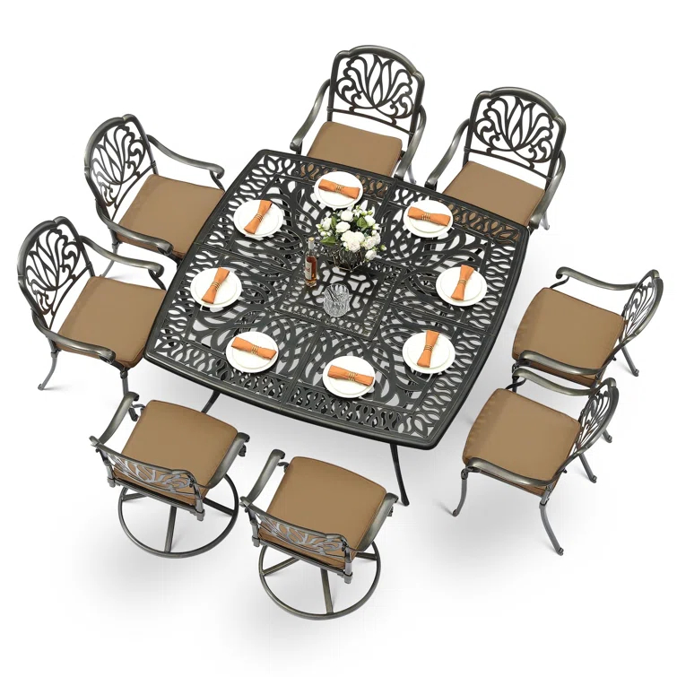 9-Piece Outdoor Patio Dining Set For 8, All Weather Cast Aluminum Patio Funiture Table And Chairs Set- Large 64" Square Table And 2 Swivel Rocker Chairs, 6 Stationary Chairs, 2.2" Umbrella Hole