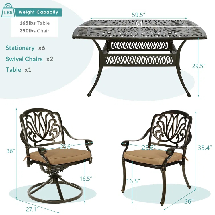 9-Piece Outdoor Patio Dining Set For 8, All Weather Cast Aluminum Patio Funiture Table And Chairs Set- Large 64" Square Table And 2 Swivel Rocker Chairs, 6 Stationary Chairs, 2.2" Umbrella Hole