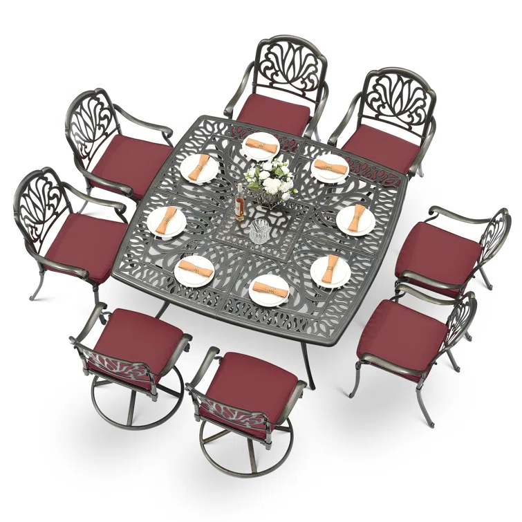 9-Piece Outdoor Patio Dining Set For 8, All Weather Cast Aluminum Patio Funiture Table And Chairs Set- Large 64" Square Table And 2 Swivel Rocker Chairs, 6 Stationary Chairs, 2.2" Umbrella Hole