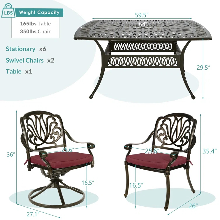 9-Piece Outdoor Patio Dining Set For 8, All Weather Cast Aluminum Patio Funiture Table And Chairs Set- Large 64" Square Table And 2 Swivel Rocker Chairs, 6 Stationary Chairs, 2.2" Umbrella Hole
