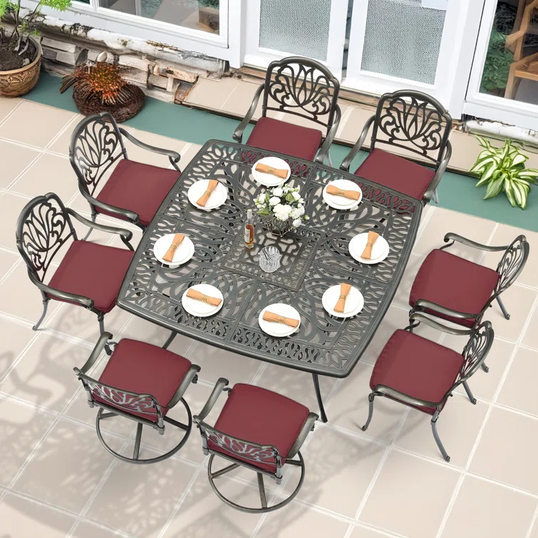 9-Piece Outdoor Patio Dining Set For 8, All Weather Cast Aluminum Patio Funiture Table And Chairs Set- Large 64" Square Table And 2 Swivel Rocker Chairs, 6 Stationary Chairs, 2.2" Umbrella Hole
