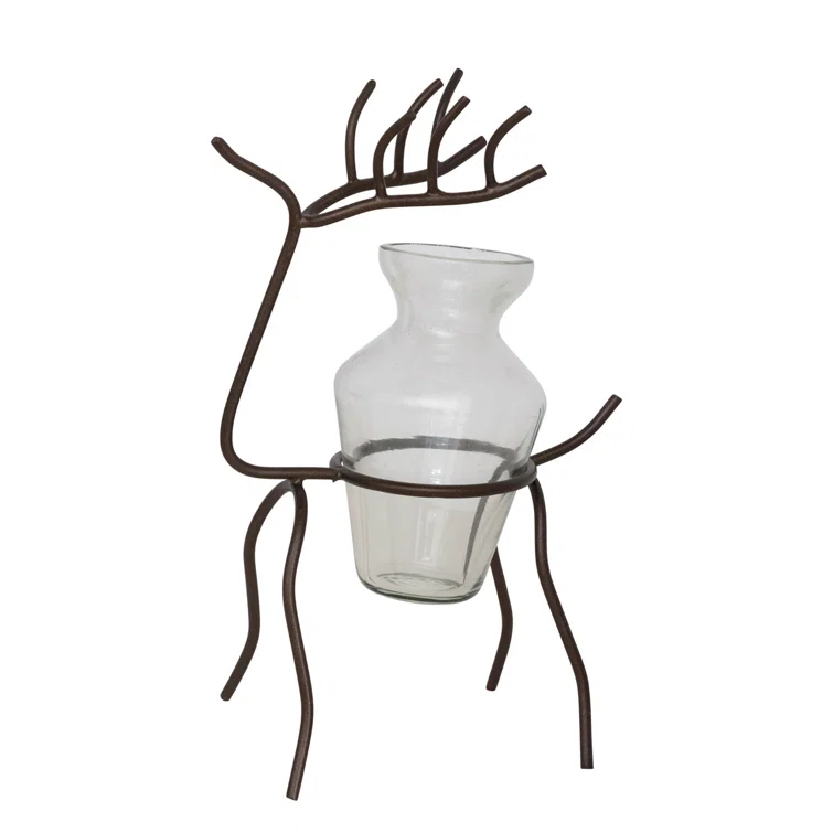 Iron Deer Stand with Glass Vase for Floral Bouquets