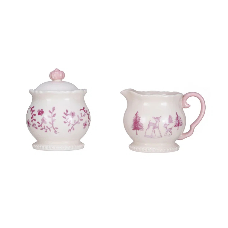Creative Co-Op Stoneware Creamer and Sugar Pot Set, Pink and Cream, Set of 2