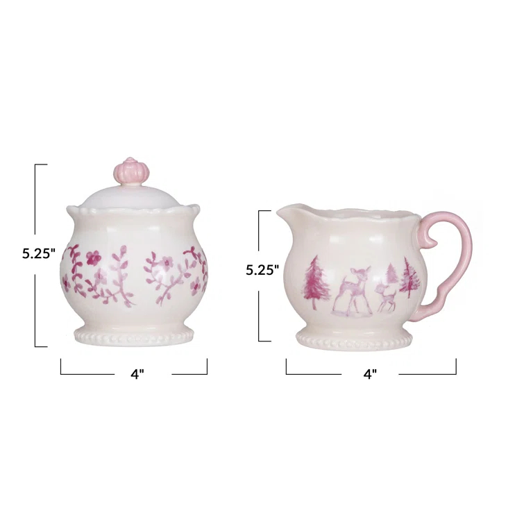 Creative Co-Op Stoneware Creamer and Sugar Pot Set, Pink and Cream, Set of 2