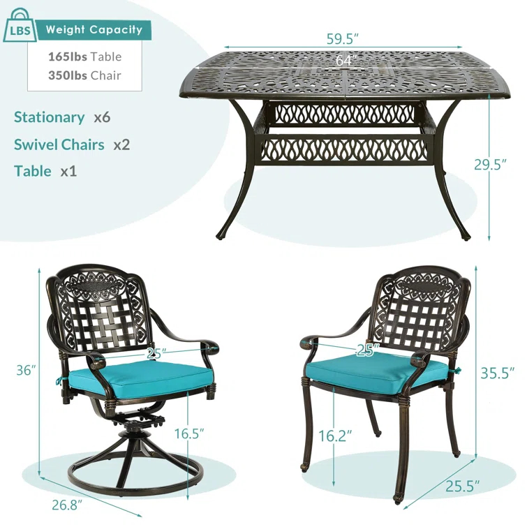 9-Piece Outdoor Patio Dining Set For 8, All Weather Cast Aluminum Patio Funiture Table And Chairs Set- Large 64" Square Table And 2 Swivel Rocker Chairs, 6 Stationary Chairs For Garden